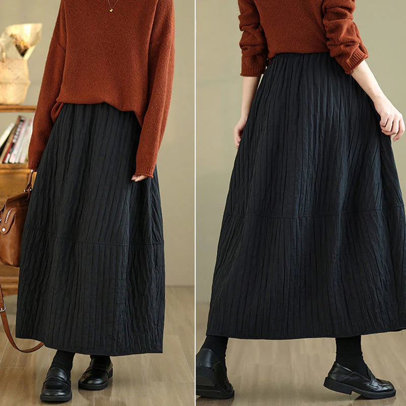 Buddha Stones Plain Pleats Design Elastic Waist Women's Thermal Skirt With Pockets