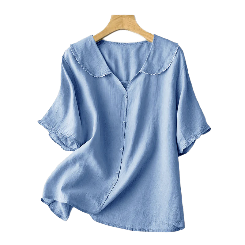 Buddha Stones Casual Plain Button Half Sleeve Middy Collar Women's Shirt