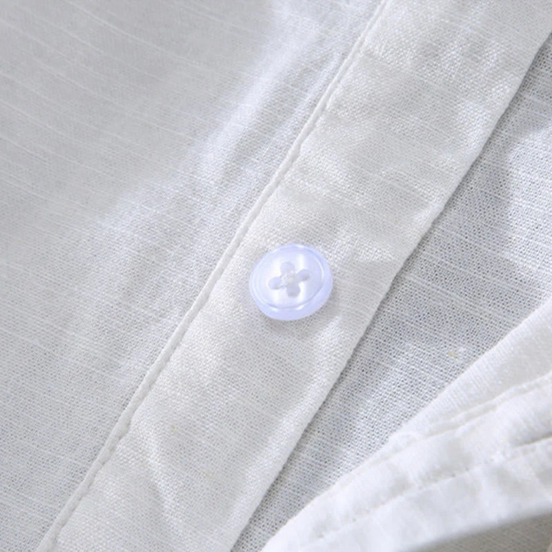 Buddha Stones Spring Pure Color Half Buttons Design Stand Collar Men's Short Sleeve Linen Shirt With Pocket
