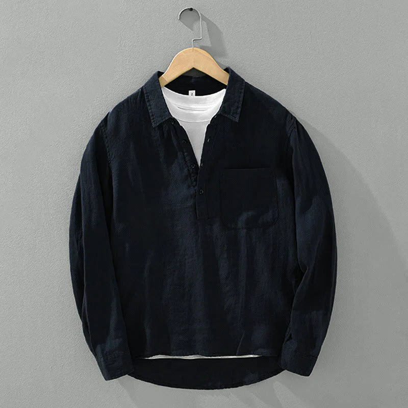 Buddha Stones Solid Color Loose Long Sleeve Half Button Shirt Linen Men Clothing