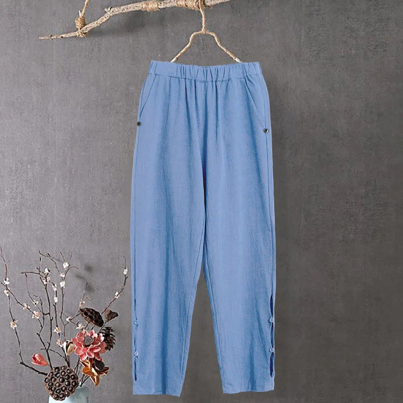 Buddha Stones Casual Pure Color Hollow Button Cuff Design Women's Cotton Linen Pants With Pockets