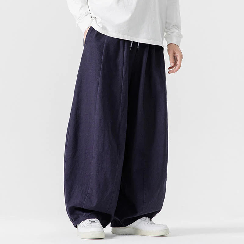 Buddha Stones Winter Commute Plain Drawstring Design Men's Wide Leg Cotton Pants With Pockets
