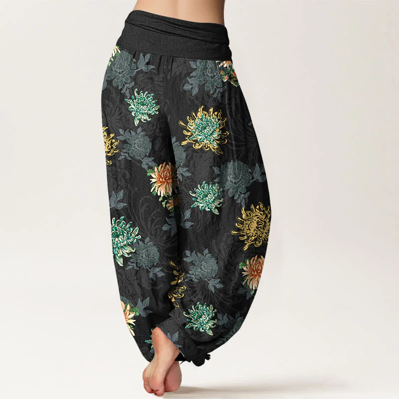 Buddha Stones Cotton Various Colors Chrysanthemum Pattern Women's Elastic Waist Harem Pants