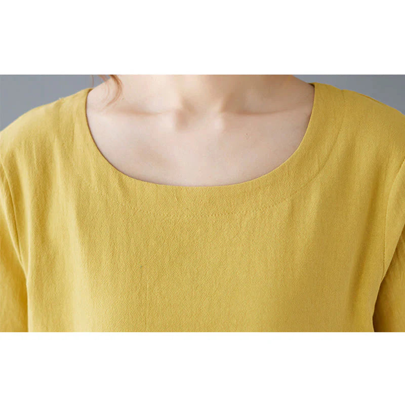 Buddha Stones Side Slit Design Women's Cotton Linen Crew Neck Short Sleeve T-Shirt Wtih Pocket
