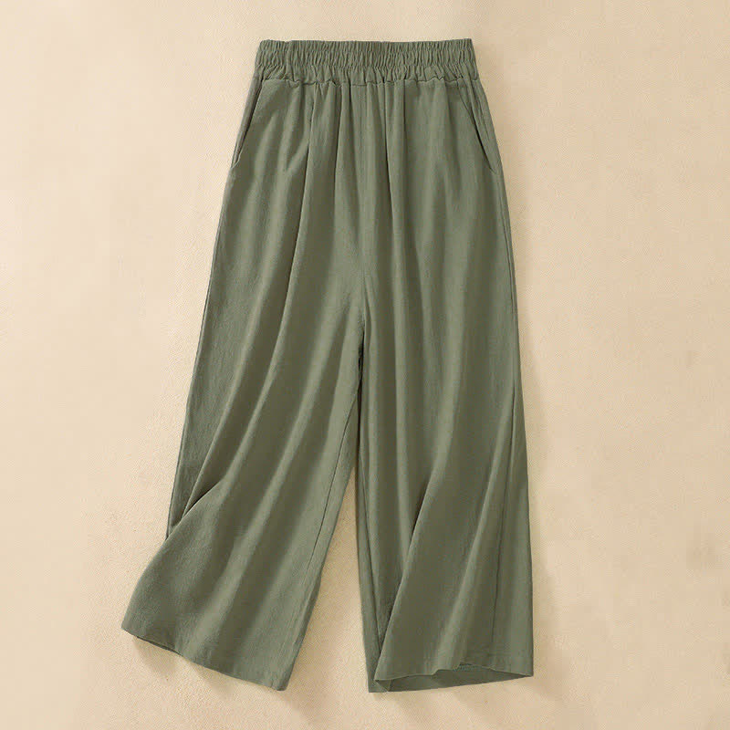 Buddha Stones High Waist Capri Cropped Women's Wide Leg Cotton Pants With Pockets