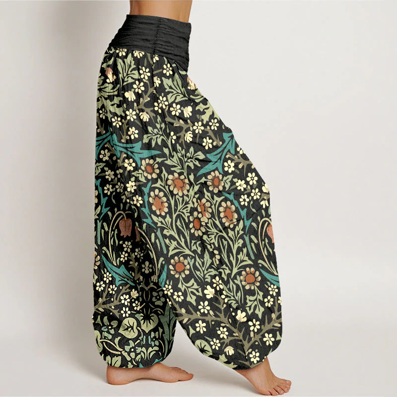 Buddha Stones Pure Cotton Retro Flowers Leaves Pattern Women's Elastic Waist Harem Pants