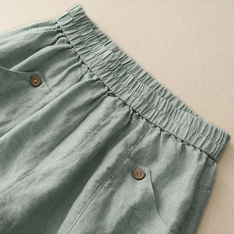 Buddha Stones Summer Casual Buttons Plain Cotton Women's Shorts With Pockets