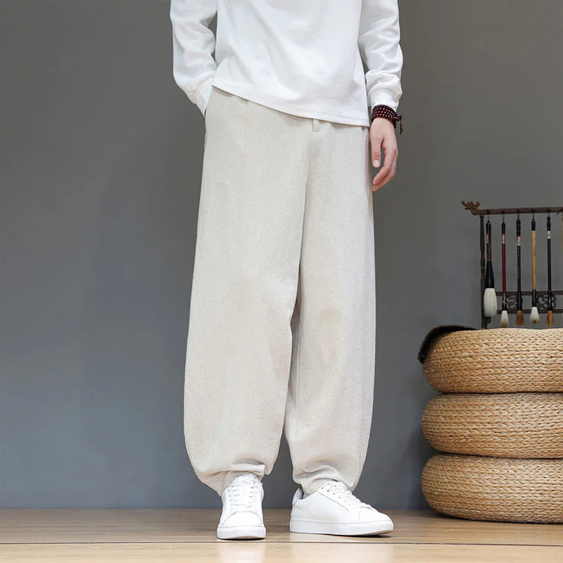 Buddha Stones Fall Sports Men's Pure Color Button Design Cotton Pants With Pockets