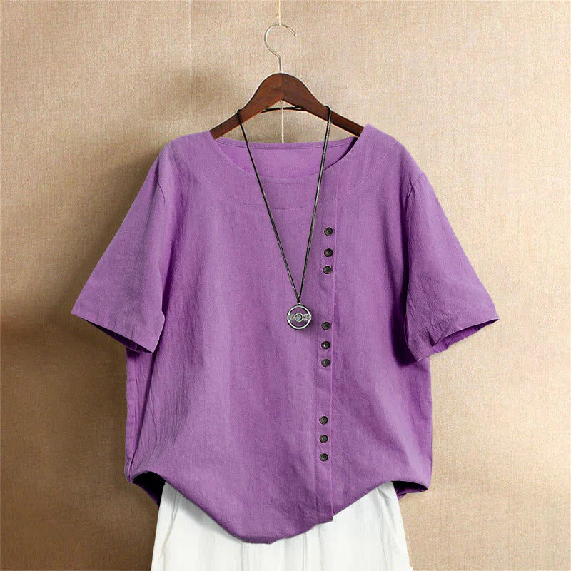 Buddha Stones Casual Summer Pure Color Jacquard Button Crew Neck Cotton Women's Short Sleeve T-Shirt