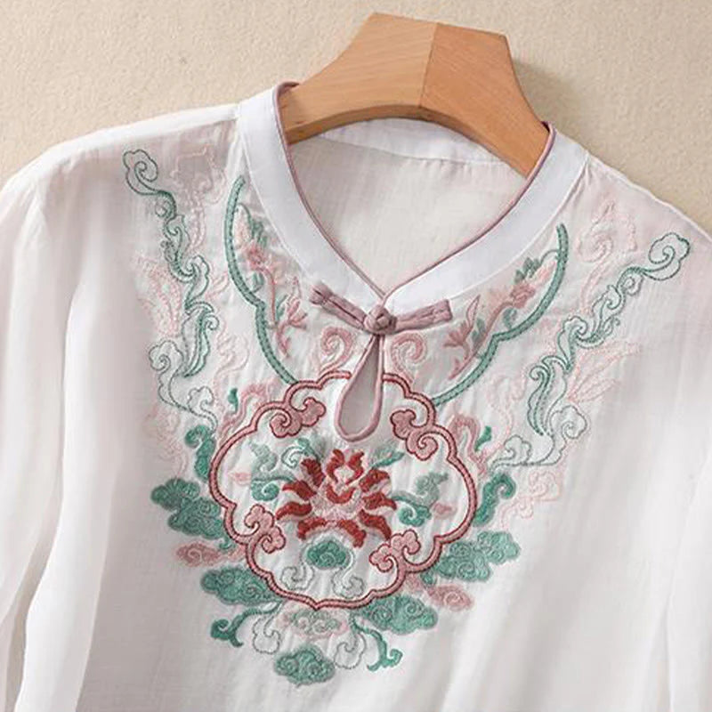 Buddha Stones Casual Retro Embroidery Frog-Button Design Women's Cotton Linen Half Sleeve Shirt