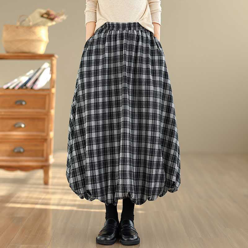 Buddha Stones Women's Plaid Pattern Cotton Skirt With Pockets