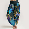 Buddha Stones Cotton Casual Butterfly Gold Pattern Women's Elastic Waist Harem Pants