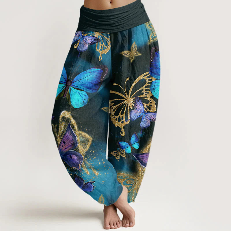 Buddha Stones Cotton Casual Butterfly Gold Pattern Women's Elastic Waist Harem Pants