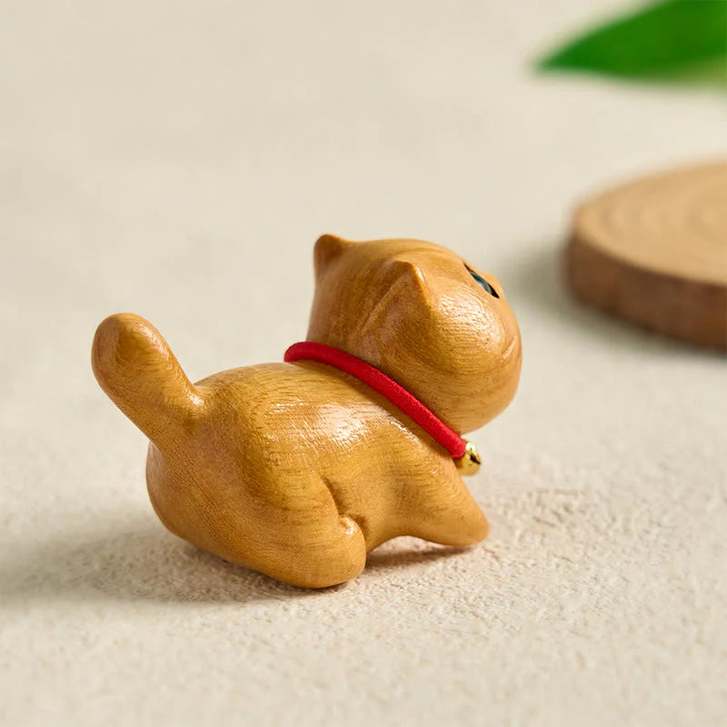 Buddha Stones Mini Sandalwood Carved Lucky Confident Cat Healing Decoration