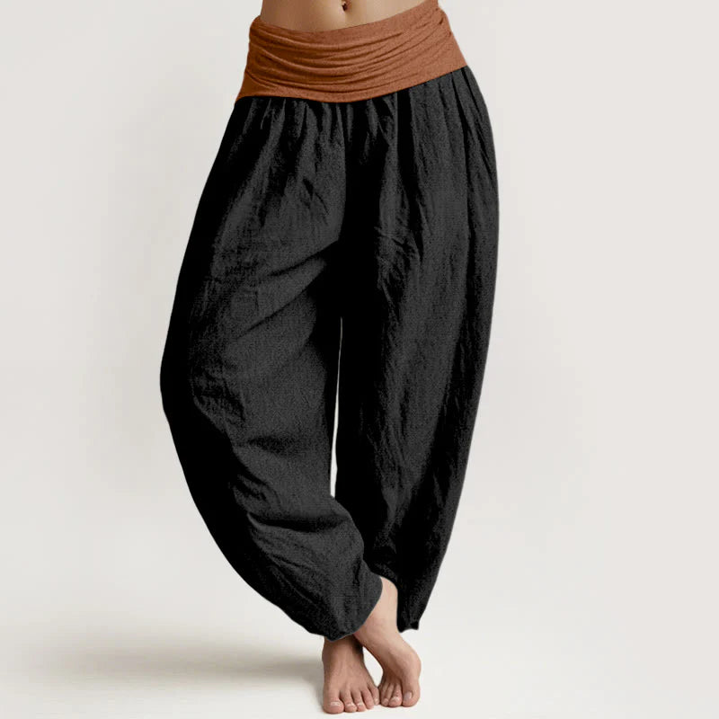 Buddha Stones Cotton Green Black Brown Red Solid Color Women's Elastic Waist Harem Pants
