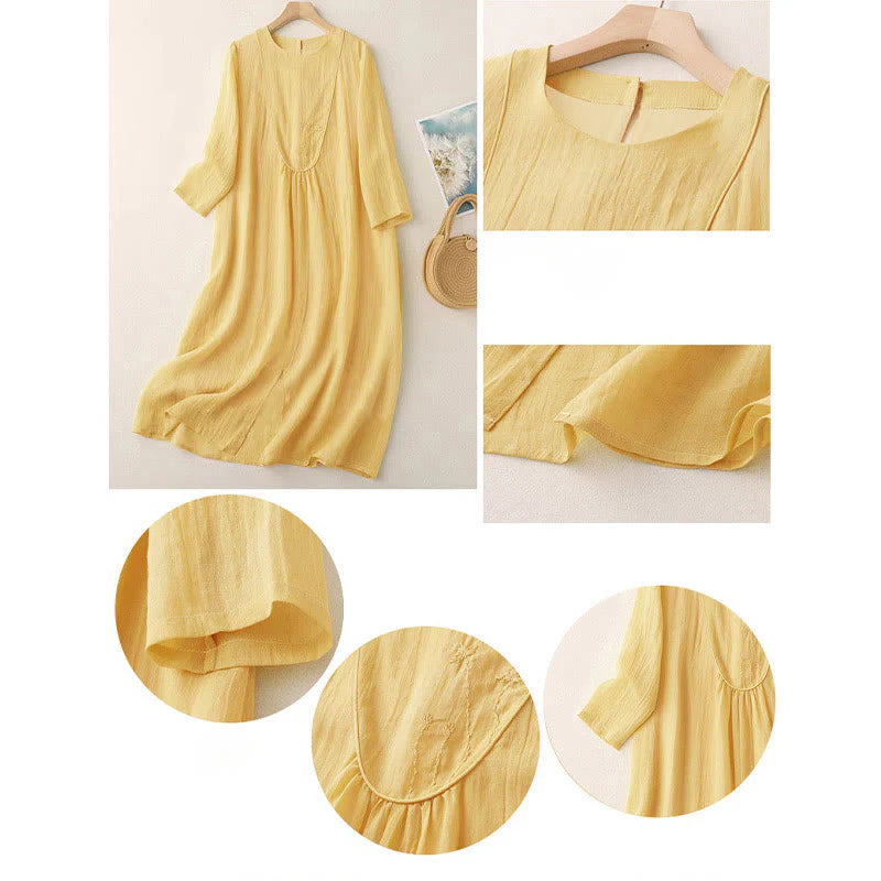 Buddha Stones Commute Solid Color Embroidery Double Layer Crew Neck Long Sleeve Cotton Midi Dress