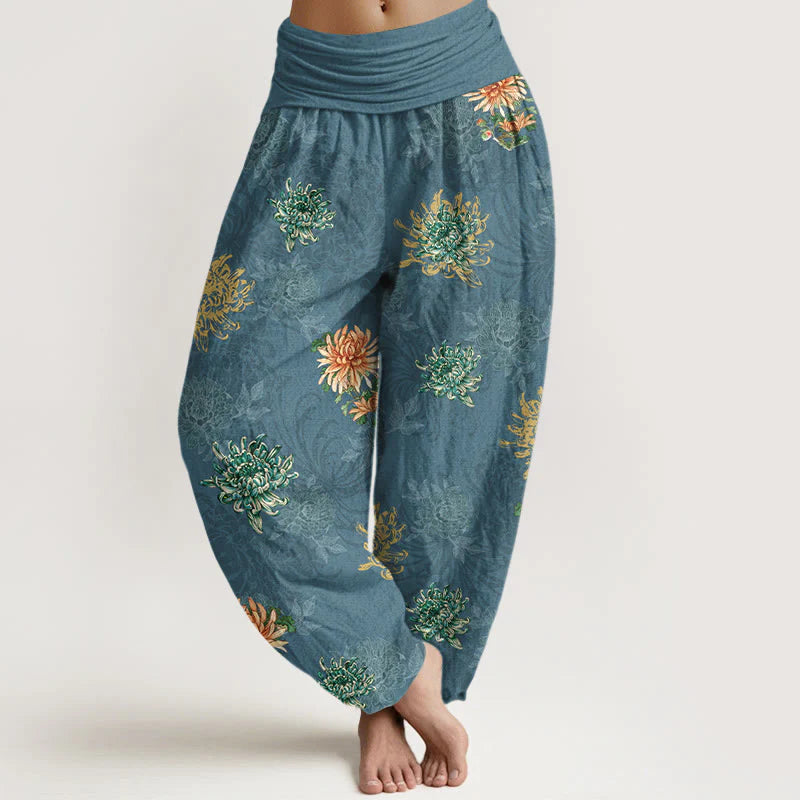 Buddha Stones Cotton Various Colors Chrysanthemum Pattern Women's Elastic Waist Harem Pants