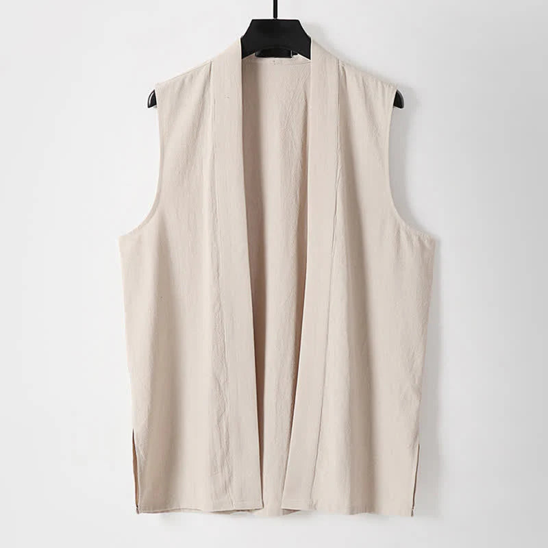 Buddha Stones Spring Pure Color Open Front Design Men's Cotton Linen Sleeveless Kimono