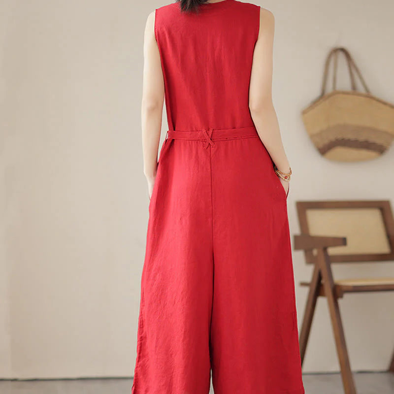 Buddha Stones Casual Lace-Up Simple Sleeveless Design Women's Cotton Linen Jumpsuit With Pockets