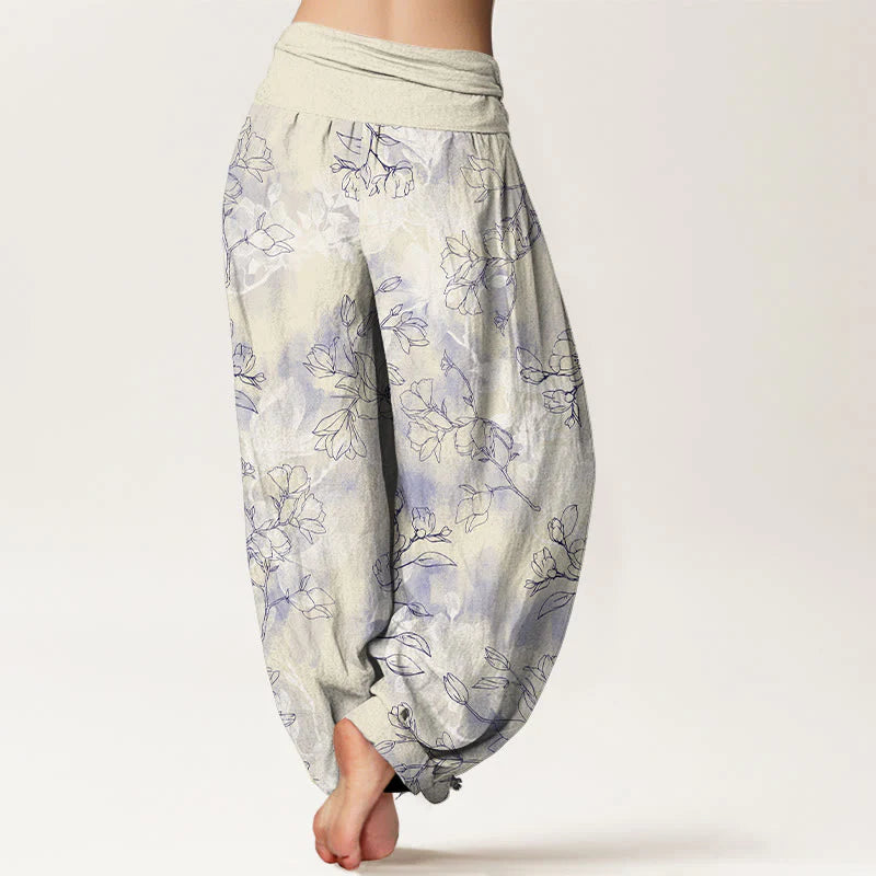 Buddha Stones Cotton Fresh Flower Bud Pattern Women's Elastic Waist Harem Pants