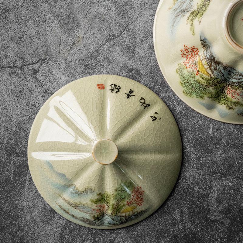 Buddha Stones Pine Mountain Forest Landscape Ceramic Gaiwan Sancai Teacup Kung Fu Tea Cup And Saucer With Lid (Extra 35% Off | USE CODE: FS35)