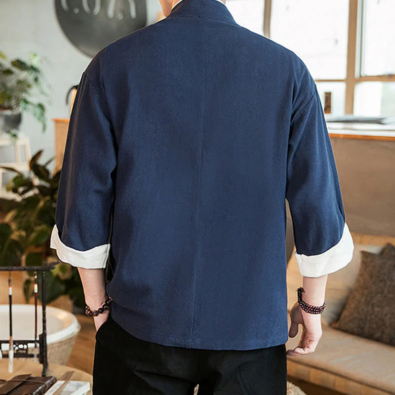 Buddha Stones Lace-Up Design Jacket Cotton Linen Men's Three Quarter Sleeve Kimono With Pockets