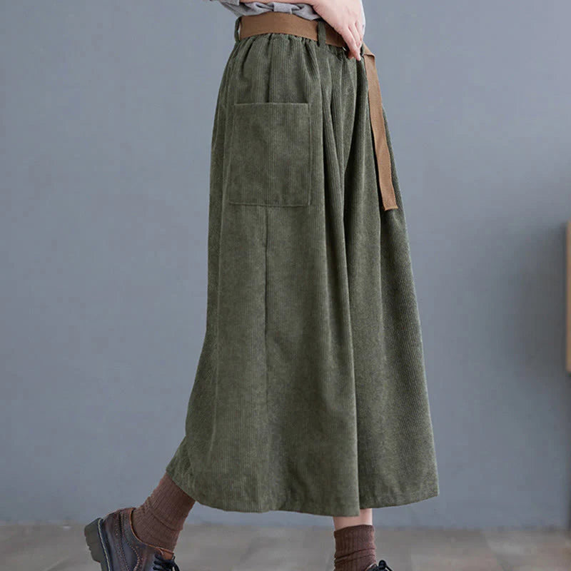 Buddha Stones Retro Women's Wide Leg 7-8 Length Corduroy Pants With Pockets Belt