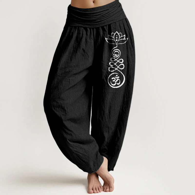 Buddha Stones Plain Lotus Om Pattern Women's Elastic Waist Harem Cotton Pants
