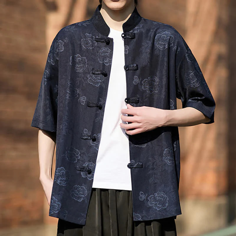 Buddha Stones Retro Frog Buttons Mandarin Collar Floral Jacquard Men's Short Sleeve Shirt