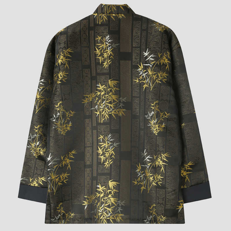 Buddha Stones Golden Bamboo Jacquard Frog-Button Long Sleeve Men's Jacket With Pockets