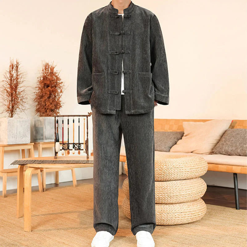Buddha Stones 2Pcs Winter Thick Men's Tang Suit Frog-Button Cotton Corduroy Long Sleeve Jacket Pants Set With Pockets