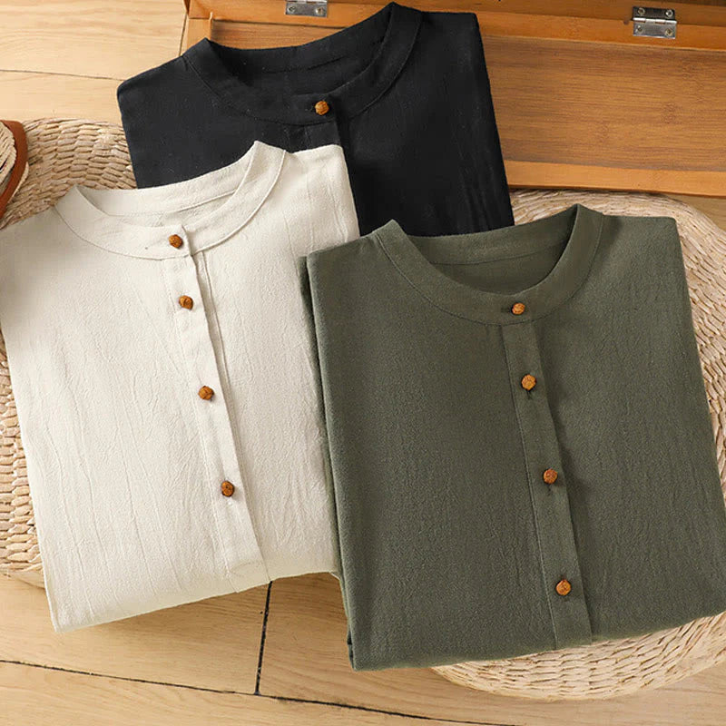 Buddha Stones Summer Casual Pure Color Half Button Simple Design Women's Cotton Linen Half Sleeve Shirt With Pocket