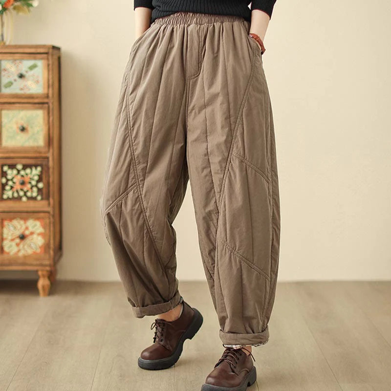 Buddha Stones Winter Plain High Waist Cotton Women's Harem Thermal Elastic Waist Pants With Pockets