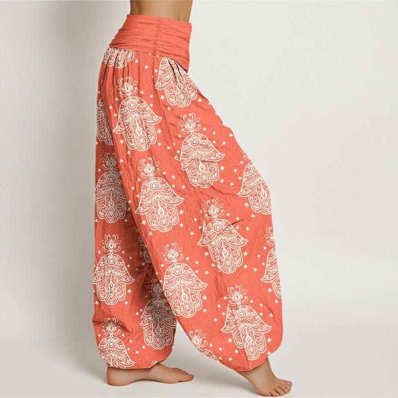 Buddha Stones Cotton Neatly Arranged Hamsa's Hand Pattern Women's Elastic Waist Harem Pants