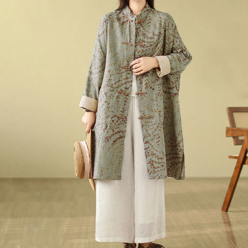 Buddha Stones Frog-button Vine Leaves Women's Coat With Pockets