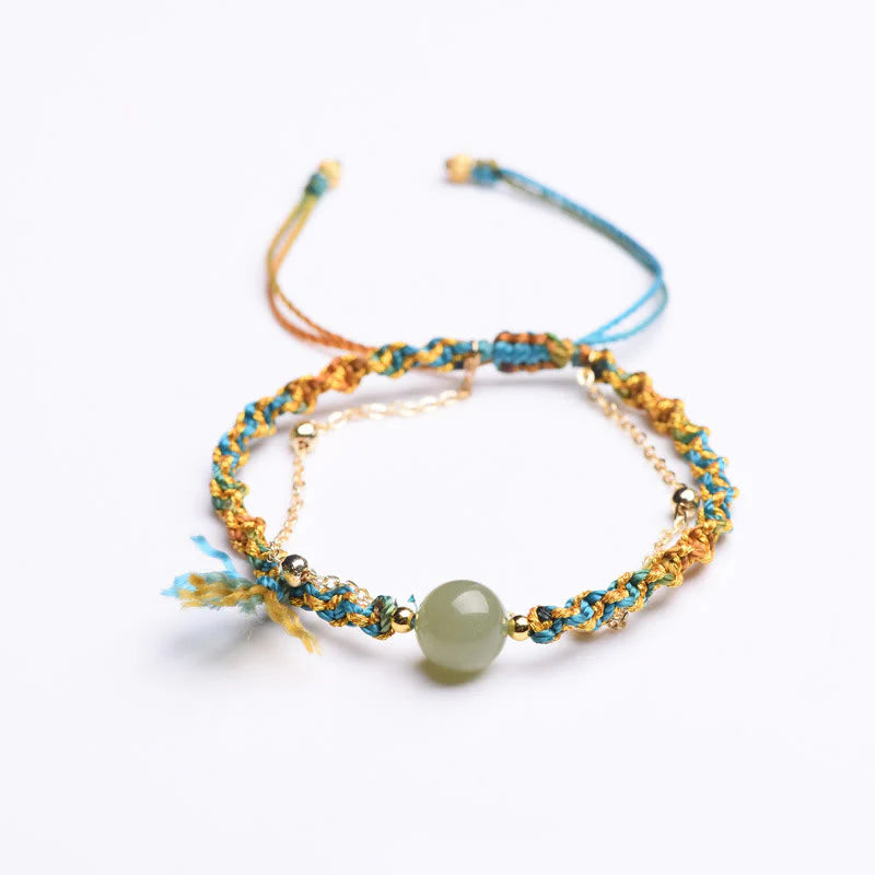 Buddha Stones Handmade Colorful Rope Luck Jade Bead Abundance Double Layer Bracelet