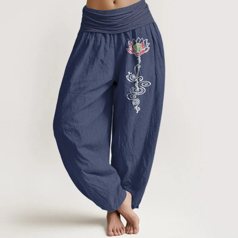 Buddha Stones Pure Cotton Simple Lotus Flower Pattern Women's Elastic Waist Harem Pants