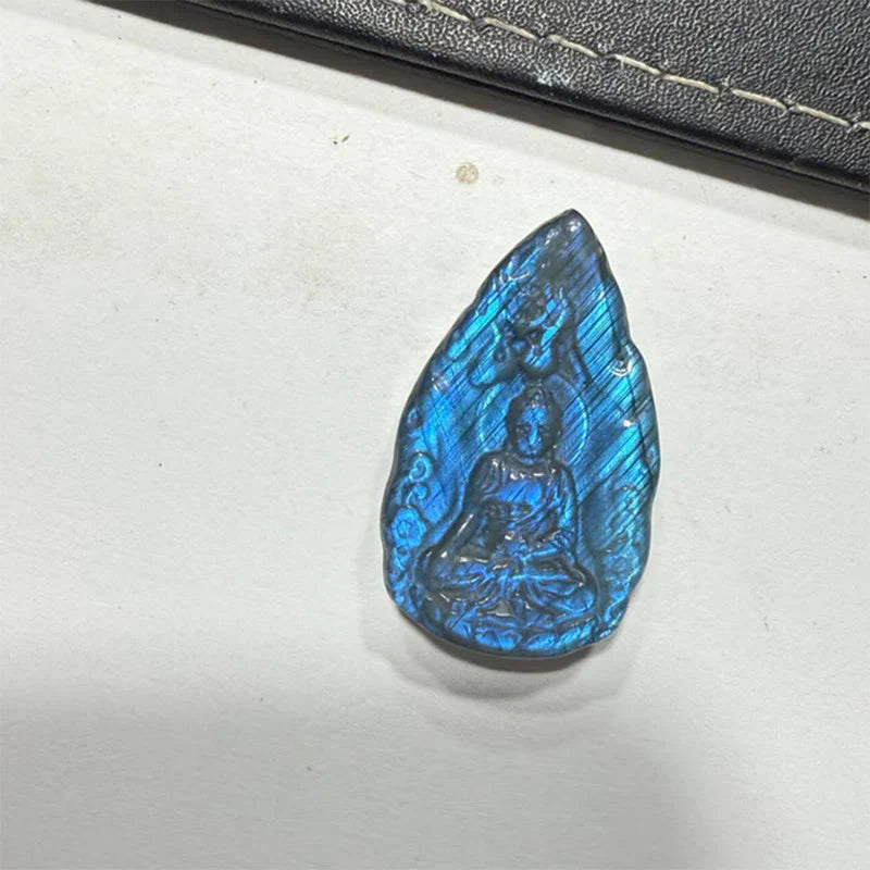 Buddha Stones Engraving Buddha Natural Labradorite Teardrop Shape Figurine Cure Statue Home Decoration