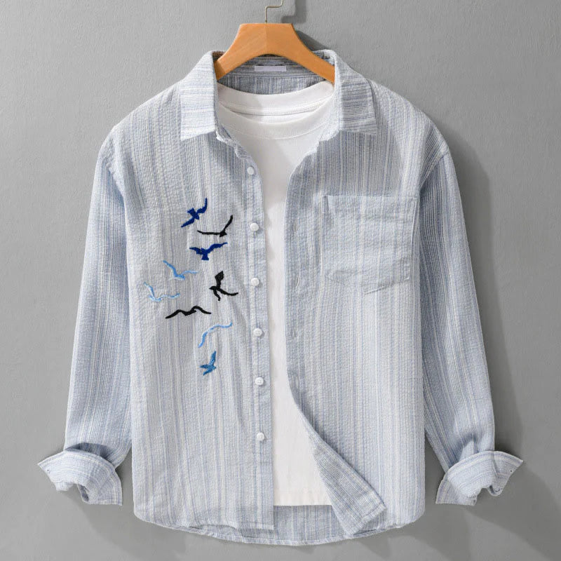 Buddha Stones Embroidery Bird Striped Pattern Long Sleeve Men's Cotton Shirt With Pocket