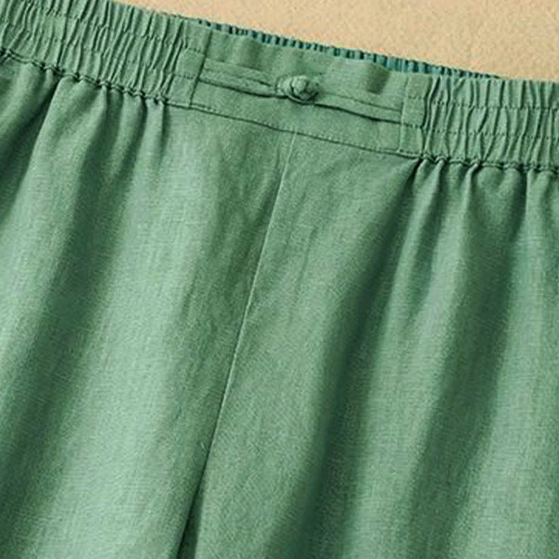 Buddha Stones Daily Solid Color Elastic Waistband Frog-Button Cotton Women's Wide Leg Pants With Pockets