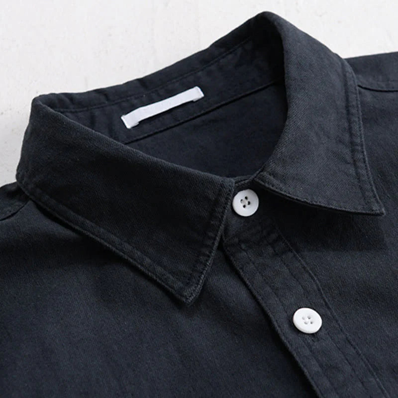 Buddha Stones Solid Buttons Down Decorative Pocket Men's Stand Collar Long Sleeve Cotton Shirt
