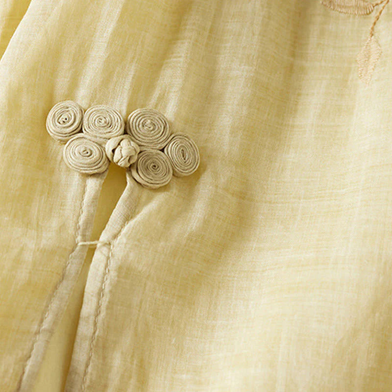 Buddha Stones Embroidered Leaf Crew Neck Half Sleeve Fiber Midi Dress