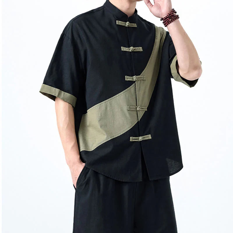 Buddha Stones Spring Color Contrast Chinese Frog-Button Design Men's Half Sleeve Cotton Linen Shirt