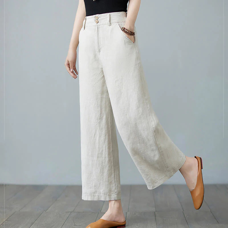 Buddha Stones Daily Solid Color Patchwork Simple Design Cotton Linen Women's Pants With Pockets