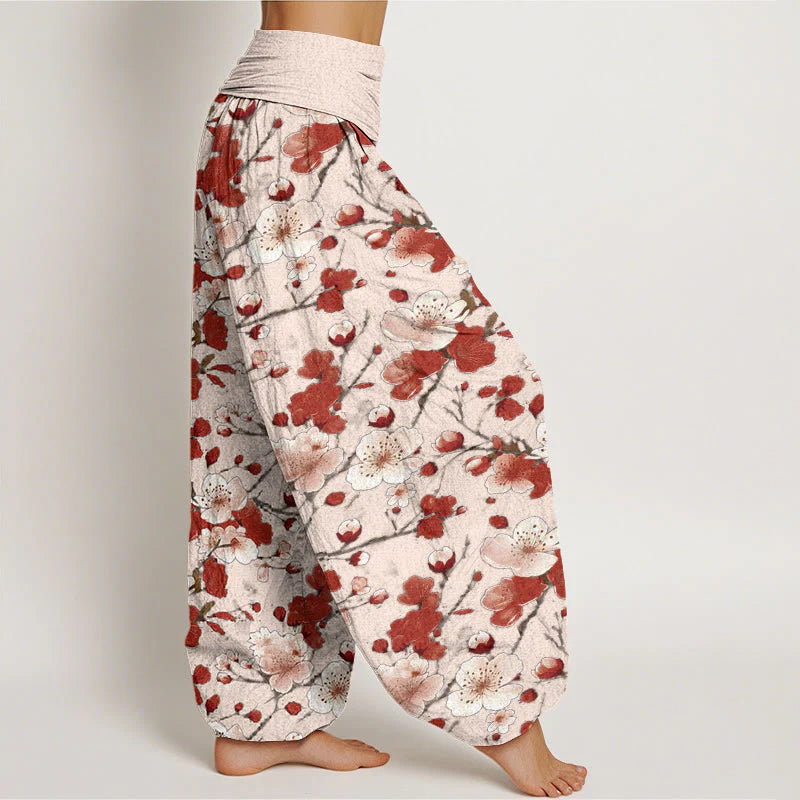 Buddha Stones Cotton Pink Red Peach Blossoms Design Women's Elastic Waist Harem Pants