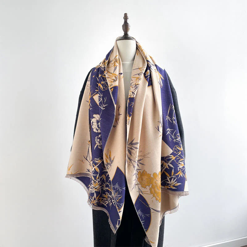 Buddha Stones Winter Fan Bamboo Peony Flowers Pattern Cozy Scarf Shawl