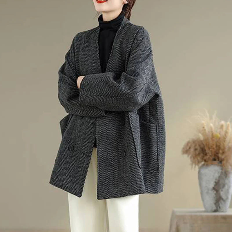 Buddha Stones Stripe V-Neck Cotton Long Sleeve Women's Coat With Pockets