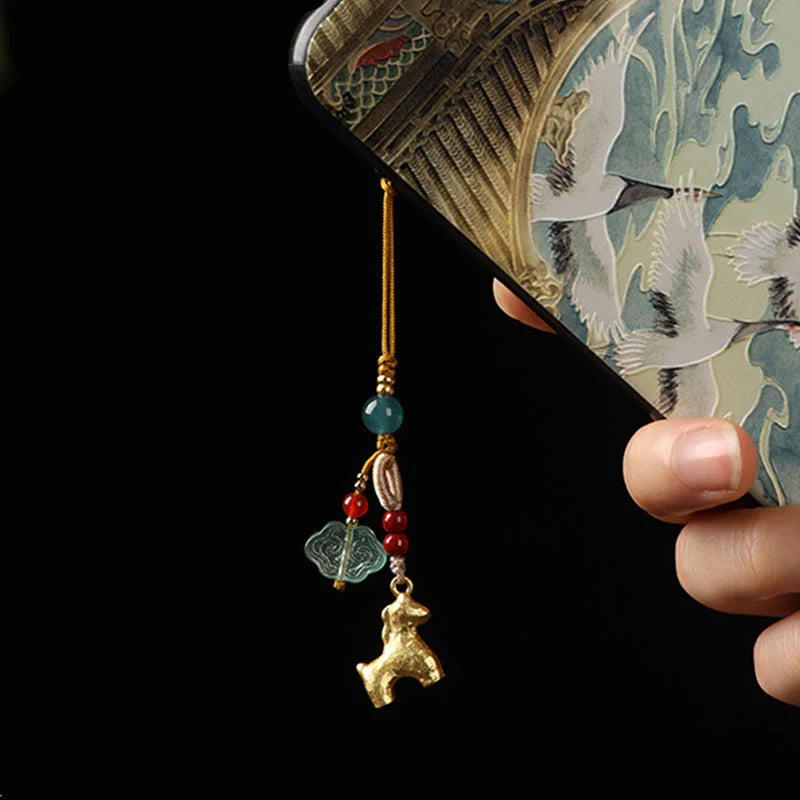 Buddha Stones Year of the Horse Copper Cinnabar Blue Chalcedony Red Agate Liuli Luck Phone Hanging Decoration