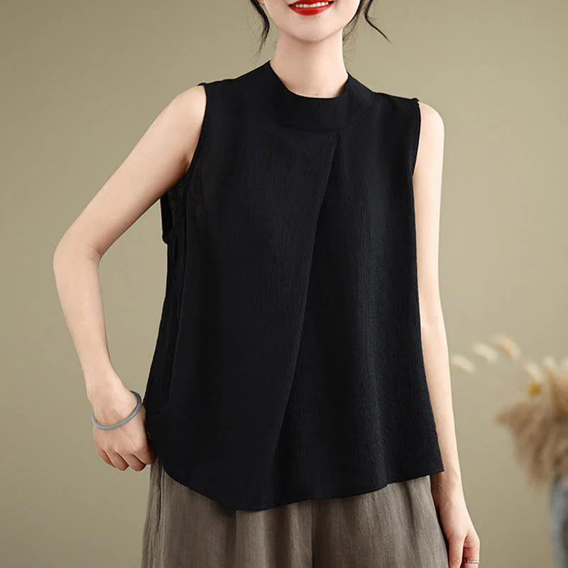 Buddha Stones Casual Plain Back Buttom Design Stand Collar Cotton Linen Women's Sleeveless Vest