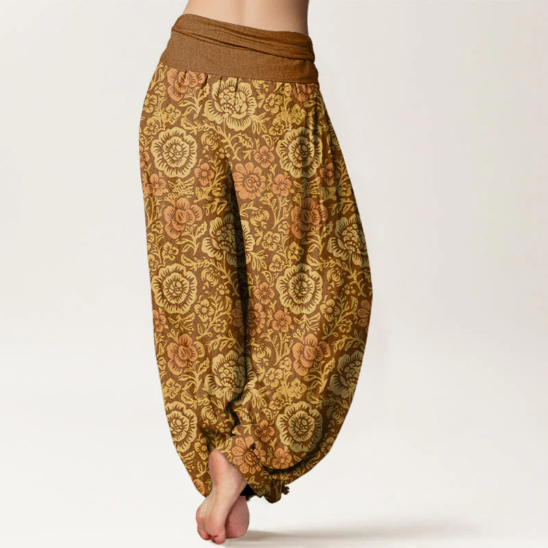 Buddha Stones Pure Cotton Vintage Pastoral Floral Pattern Women's Elastic Waist Harem Pants